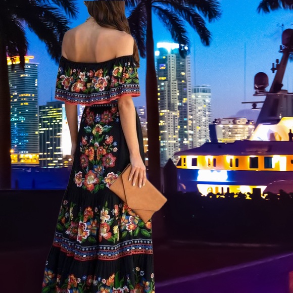 S-3XL Bamba Boho Maxi 2 floral / 2 ombré whimsy destination resort dress black - Picture 5 of 16